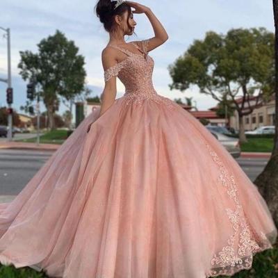Princess off shoulder ball gown pink prom dresses with lace - Thumbnail 2