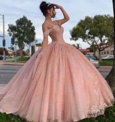 Princess Off Shoulder Ball Gown Pink Prom Dresses With Lace