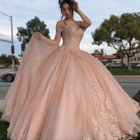 Princess Off Shoulder Ball Gown Pink Prom Dresses With Lace - Thumbnail 1