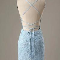Cute Sky Blue Lace Short Homecoming Dresses - Thumbnail 1