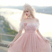 Princess Fairy Fairytale Ruffled Tulle Pearl Rose Lace Soft Sweet Pink Layered Dress - Thumbnail 1