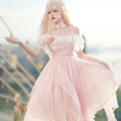 Princess fairy fairytale ruffled tulle pearl rose lace soft sweet pink layered dress - Thumbnail 2