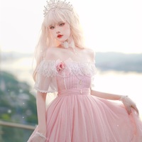 Princess Fairy Fairytale Ruffled Tulle Pearl Rose Lace Soft Sweet Pink Layered Dress - Thumbnail 2