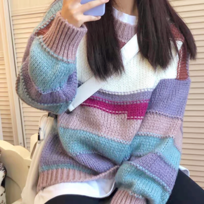 Rainbow color block patchwork knit sweater