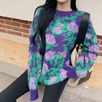Purple rose embroidery knit sweater