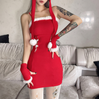Bowtie Fluffy Christmas Party Bodycon Red Sling Dress + Hat  - Thumbnail 3