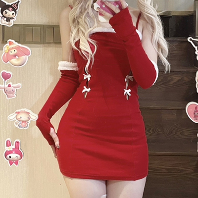 Bowtie fluffy red sling dress outfit
