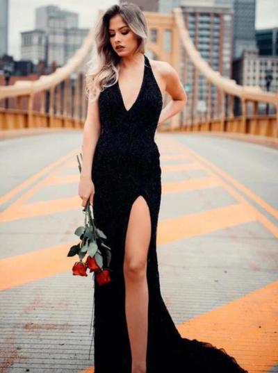 Simple Halter Black Long Split Prom Dress 