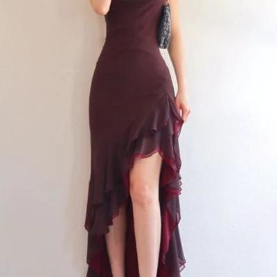 Spaghetti straps a line burgundy evening dress hi-low side ruffle prom dress - Thumbnail 3