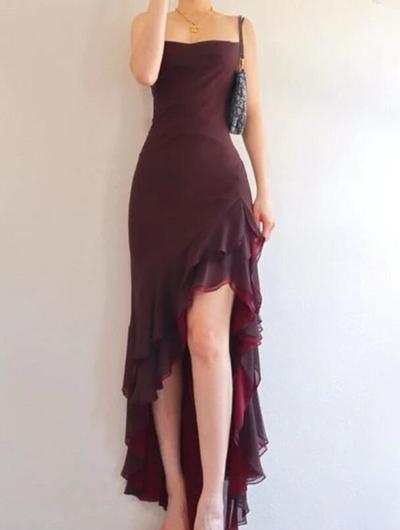 Spaghetti Straps A Line Burgundy Evening Dress Hi-low Side Ruffle Prom Dress