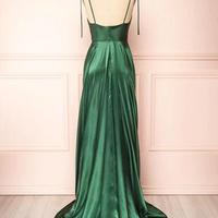 Simple Cowl Neck Green Satin Prom Dress - Thumbnail 1