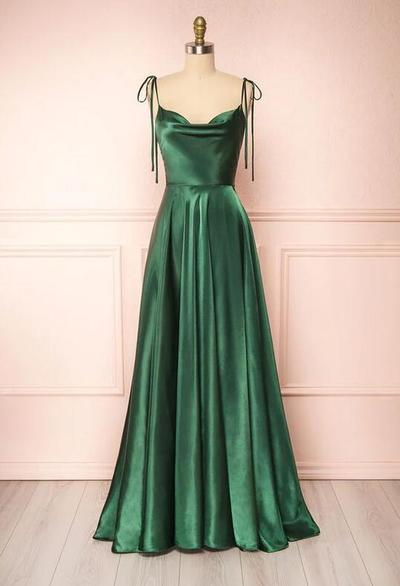 Simple Cowl Neck Green Satin Prom Dress