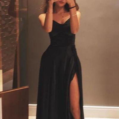 Simple black satin long formal prom dress with side split - Thumbnail 3