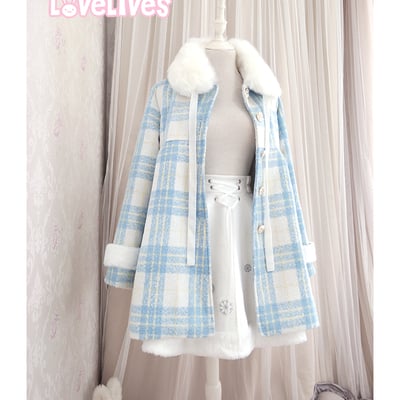 Original preppy style thickened plaid woolen coat fur collar plaid coat