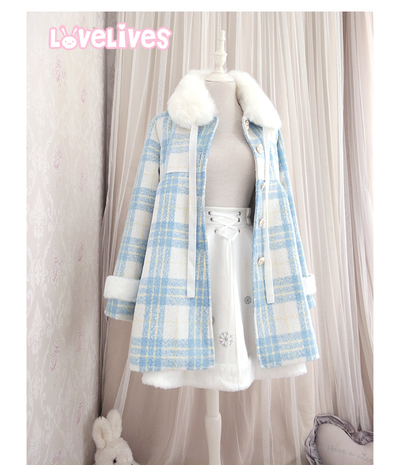 Original preppy style thickened plaid woolen coat fur collar plaid coat