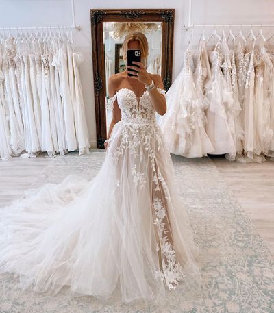 Cute A Line Off the Shoulder Tulle Wedding Dresses with Slit