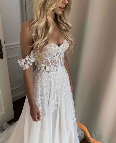 Cute A Line Lace Tulle Wedding Dresses with Slit