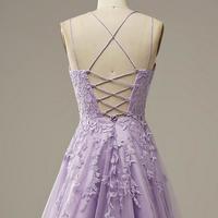 Spaghetti Straps A Line Lilac Tulle Lace Prom Dress - Thumbnail 1