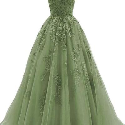 Spaghetti straps tulle long formal prom dress with lace appliques  - Thumbnail 4