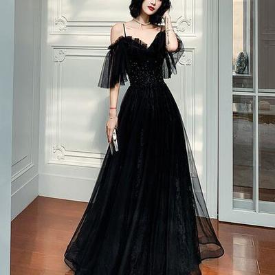 A line black tulle lace long evening dress - Thumbnail 4