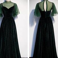 A Line Dark Green Short Sleeves Velvet Prom Dresses - Thumbnail 1