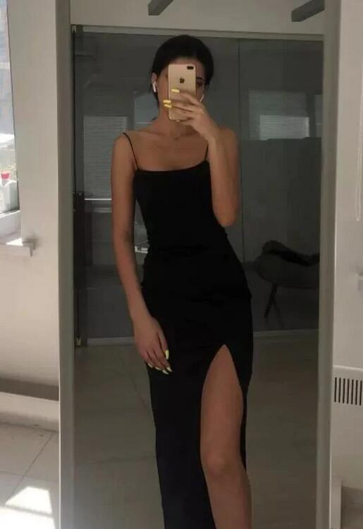 Square Spaghetti Straps Sheath Long Dress With Slit Dark Navy