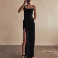 Spaghetti Straps Sheath Long Black Prom Dress With Split  - Thumbnail 1