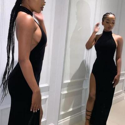 A line halter black prom dress with split - Thumbnail 3