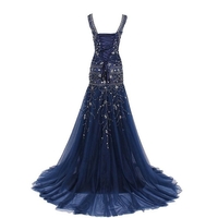 Luxurious V Neck Navy Blue Prom Dresses with Rhinestones - Thumbnail 1