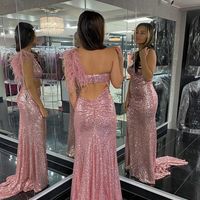 Charming Mermaid One Shoulder Blush Sequins Long Prom Dresses with Slit - Thumbnail 2