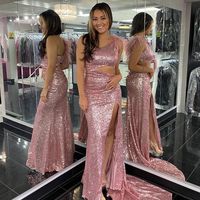 Charming Mermaid One Shoulder Blush Sequins Long Prom Dresses with Slit - Thumbnail 1