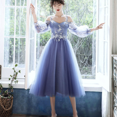 Blue lace long sleeve prom dress - Thumbnail 1