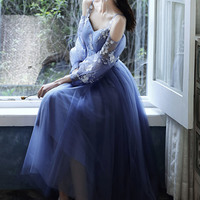 Blue Lace Long Sleeve Prom Dress - Thumbnail 1