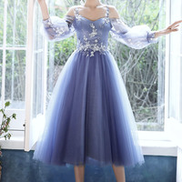 Blue Lace Long Sleeve Prom Dress - Thumbnail 3