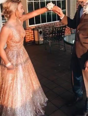 Sparkly V Neck Prom Dresses PD45