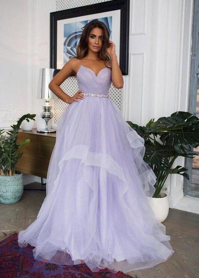 Spaghetti Straps Lilac Tulle Prom Dress Modest Evening Dress