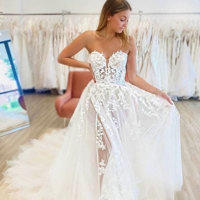 Fairy a line sweetheart tulle wedding dresses with slit