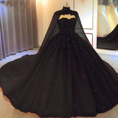 Mermaid ball gown sleeveless black lace prom dresses with cape - Thumbnail 2
