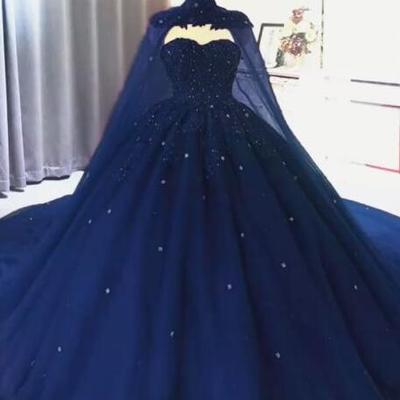Vintage ball gown navy blue prom dresses with cape - Thumbnail 1