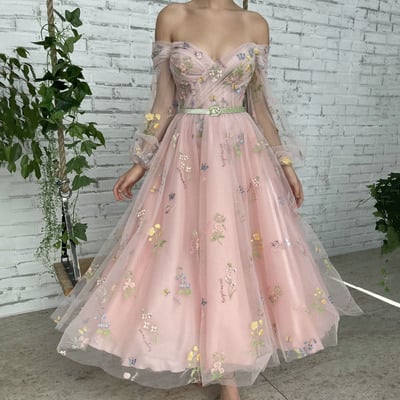 Pink lace off the shoulder prom dress - Thumbnail 1