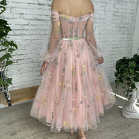 Pink Lace Off the Shoulder Prom Dress - Thumbnail 2