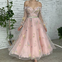 Pink Lace Off the Shoulder Prom Dress - Thumbnail 3