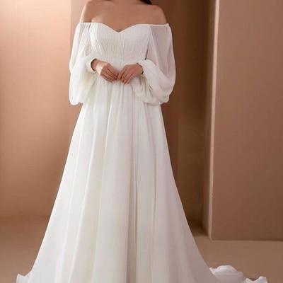 Mermaid off-the-shoulder chiffon beach wedding gown with long sleeves - Thumbnail 2