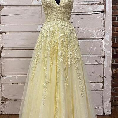 A line v neck yellow lace tulle prom dress - Thumbnail 5