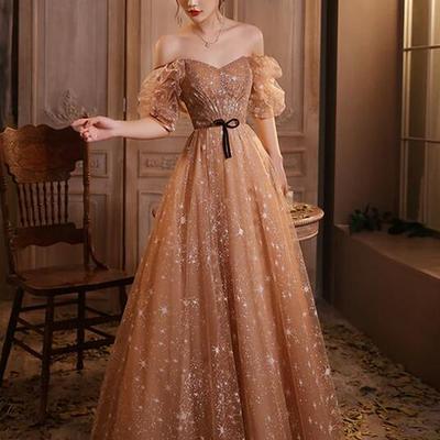 A line sequins long tulle prom evening dress