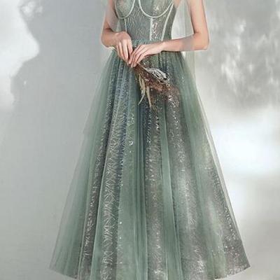 A line tea length tulle prom evening dress - Thumbnail 1