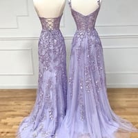 Purple Lace Long Prom Dress - Thumbnail 2