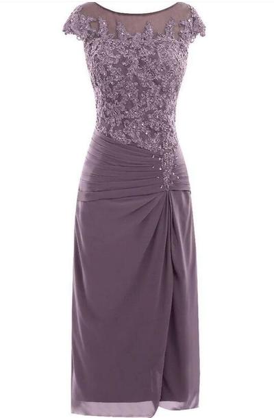 Simple knee length chiffon prom dress with cap sleeves