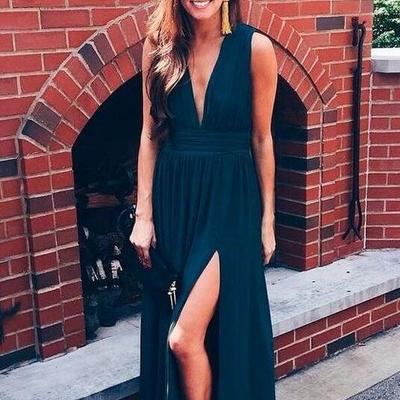 Deep v neck navy blue chiffon long prom dresses with side split - Thumbnail 2