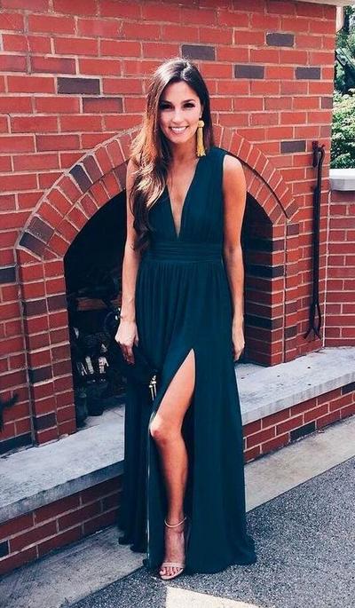 Deep V Neck Navy Blue Chiffon Long Prom Dresses with Side Split